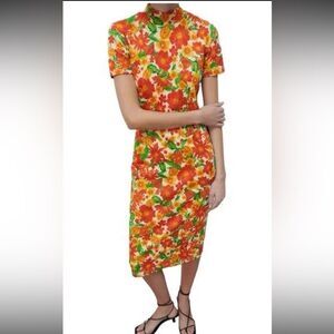 Zara Floral and Citrus Midi Dress with Short Sleeves and mock turtleneck medium